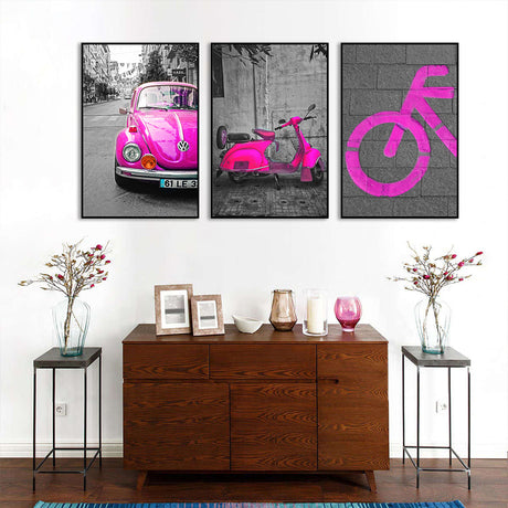 3 Piece Nordic Street Pink Car Canvas Wall Art