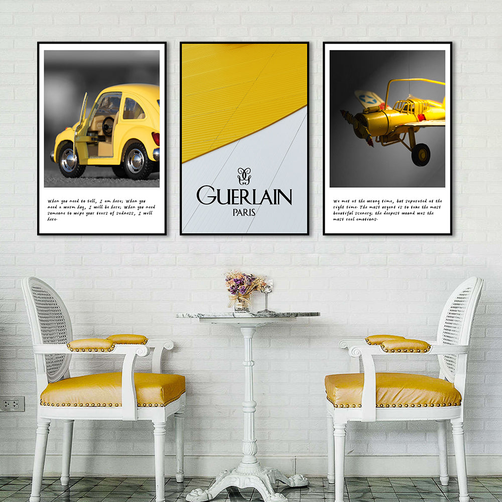 3 Piece Nordic Yellow Car And Airplane Canvas Wall Art