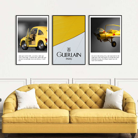 3 Piece Nordic Yellow Car And Airplane Canvas Wall Art