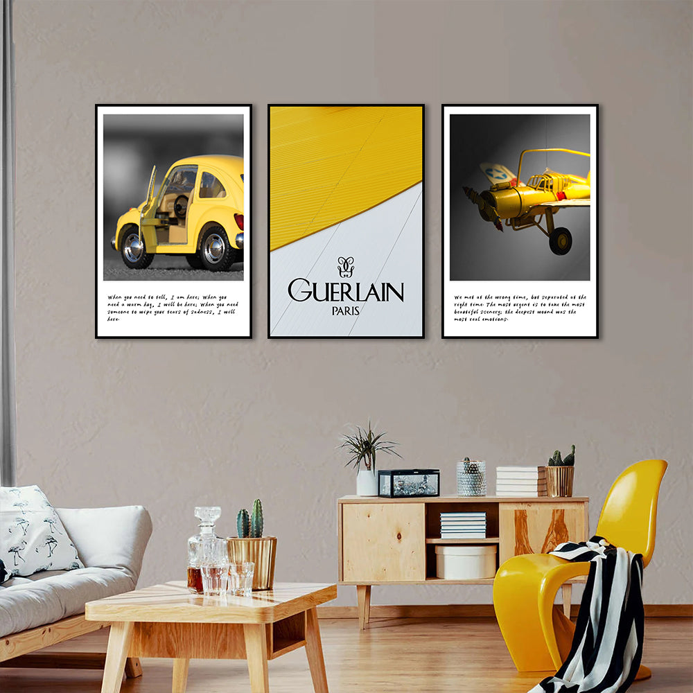 3 Piece Nordic Yellow Car And Airplane Canvas Wall Art