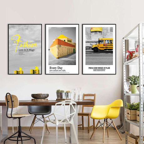 3 Piece Nordic Yellow House And Car Canvas Wall Art