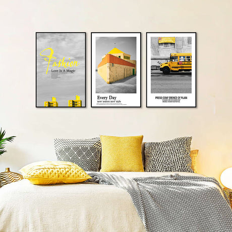 3 Piece Nordic Yellow House And Car Canvas Wall Art