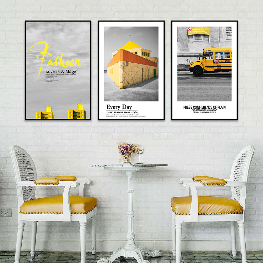 3 Piece Nordic Yellow House And Car Canvas Wall Art