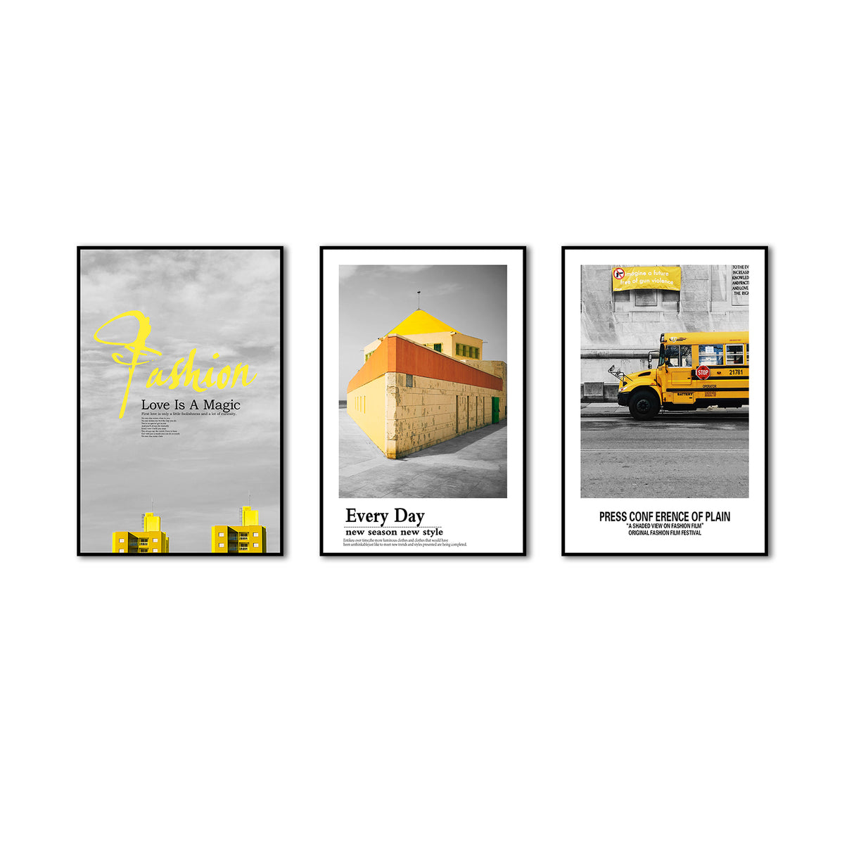 3 Piece Nordic Yellow House And Car Canvas Wall Art