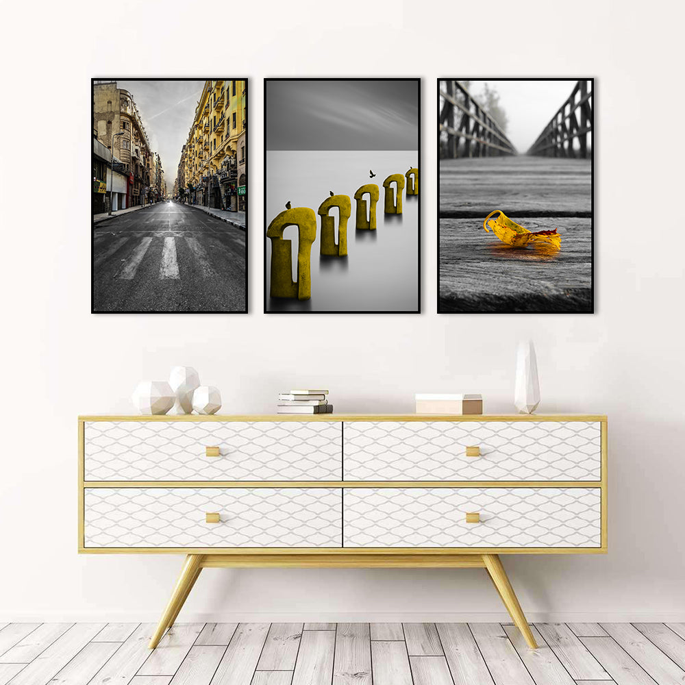 3 Piece Nordic Yellow Street And Leaf Canvas Wall Art