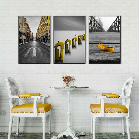 3 Piece Nordic Yellow Street And Leaf Canvas Wall Art