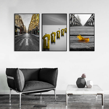 3 Piece Nordic Yellow Street And Leaf Canvas Wall Art