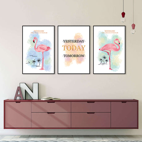 3 Piece Pink Flamingo And Quotes Canvas Wall Art