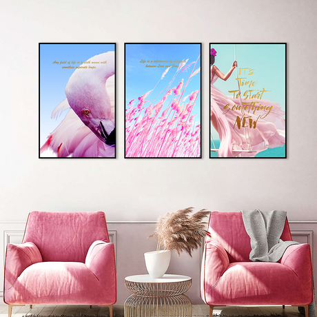 3 Piece Pink Flamingo And Swing Girl Canvas Wall Art