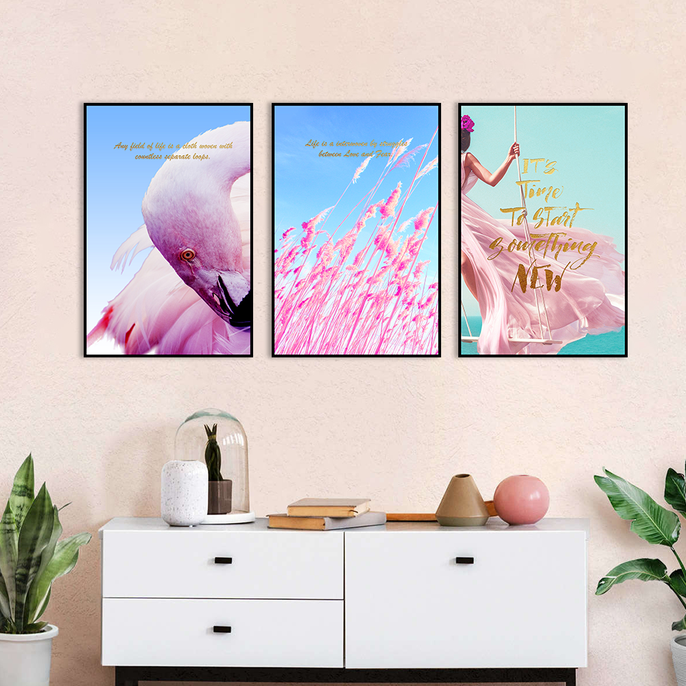 3 Piece Pink Flamingo And Swing Girl Canvas Wall Art