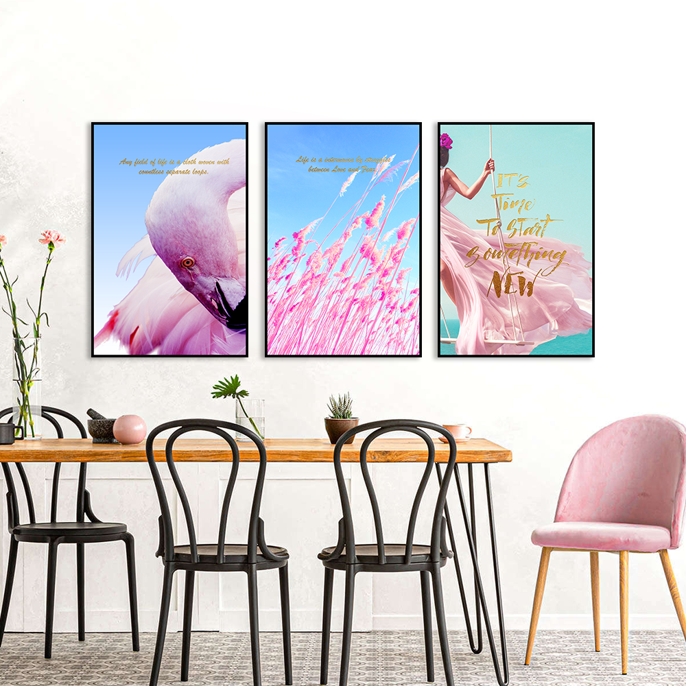 3 Piece Pink Flamingo And Swing Girl Canvas Wall Art