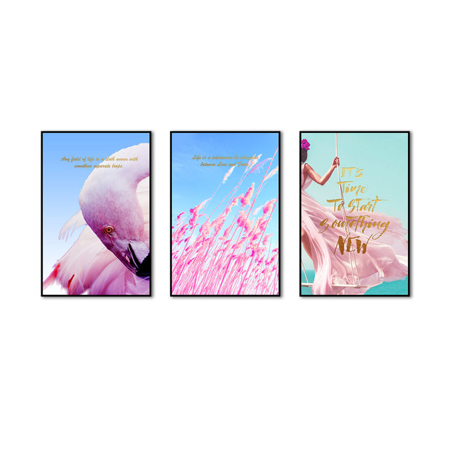 3 Piece Pink Flamingo And Swing Girl Canvas Wall Art