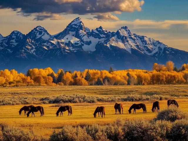 "Mountain Serenity With Grazing Horses"-Canvas Wall Art