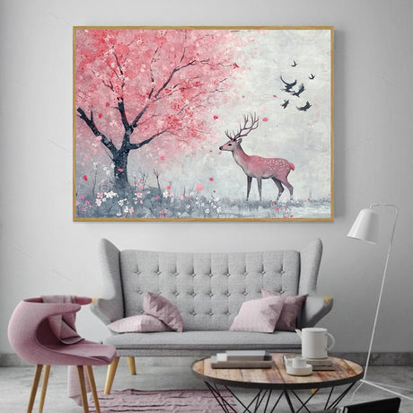 Serene Deer and Cherry Blossom Scene-Canvas Wall Art