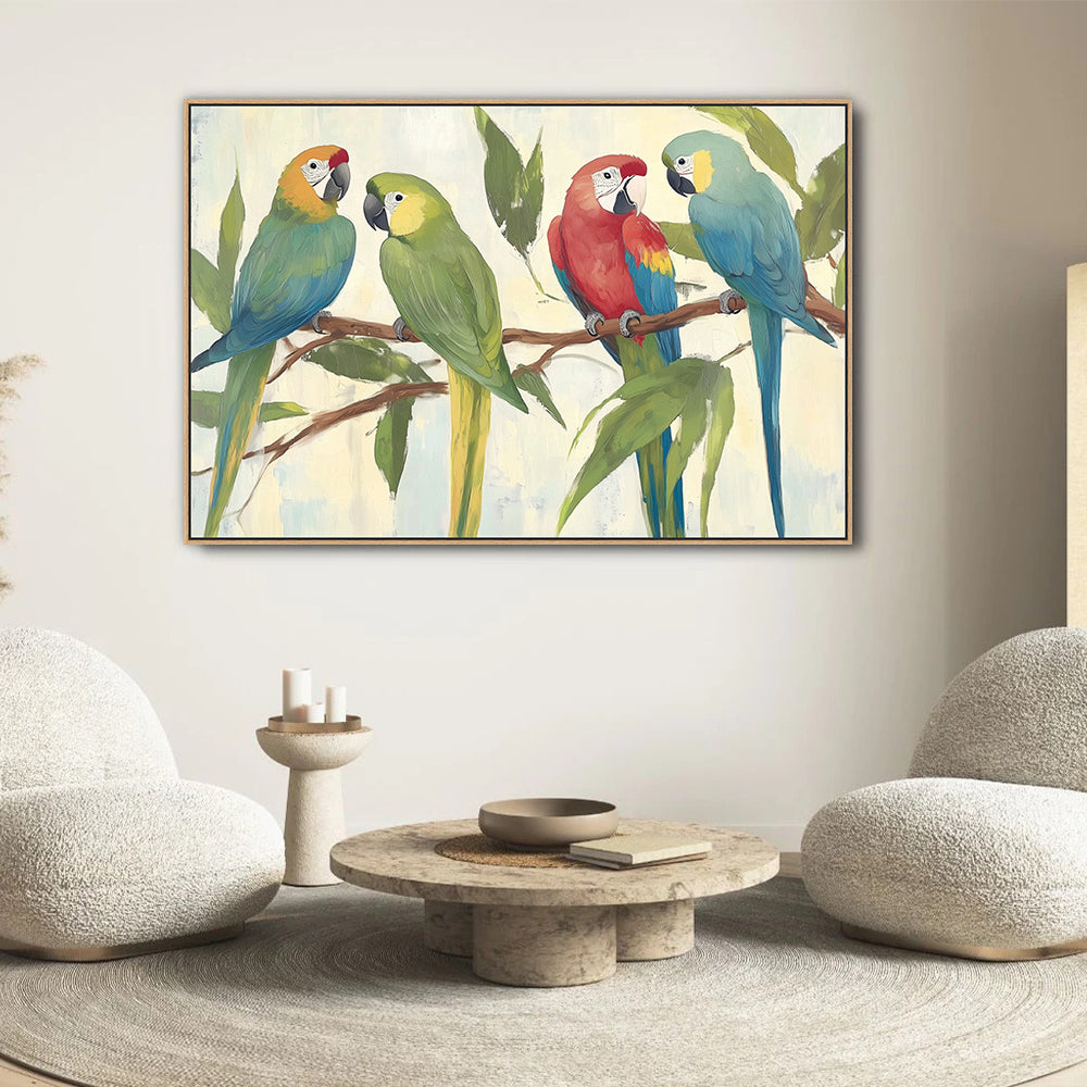 Vibrant Parrots On a Branch Canvas Wall Art