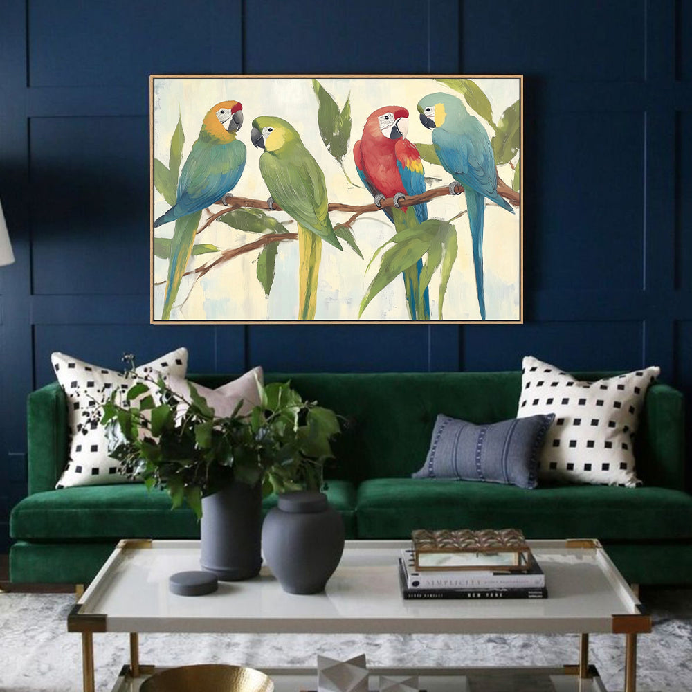 Vibrant Parrots On a Branch Canvas Wall Art