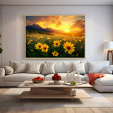 Vibrant Sunset Over a Meadow of Yellow Flowers-Canvas Wall Art