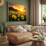 Vibrant Sunset Over a Meadow of Yellow Flowers-Canvas Wall Art