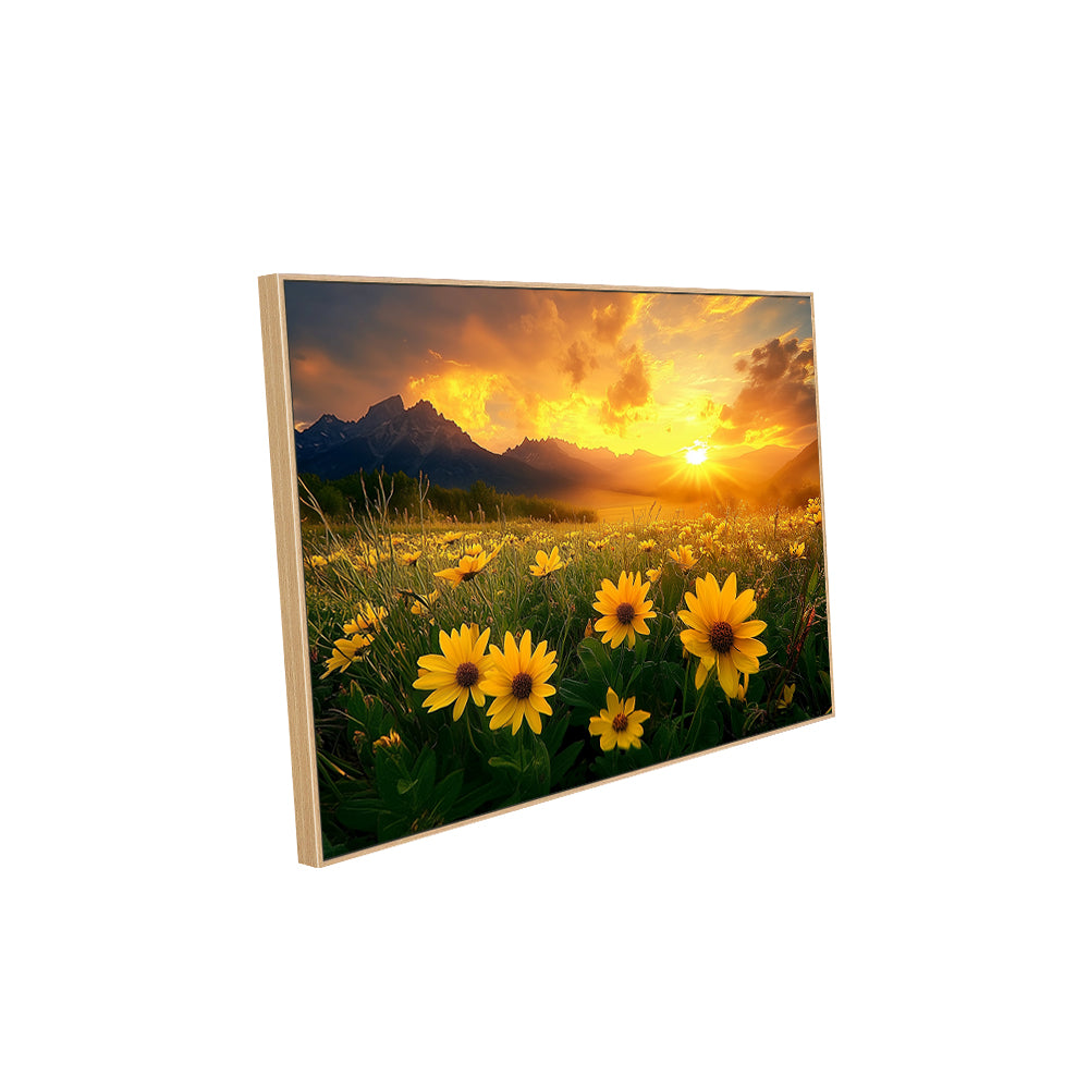 Vibrant Sunset Over a Meadow of Yellow Flowers-Canvas Wall Art