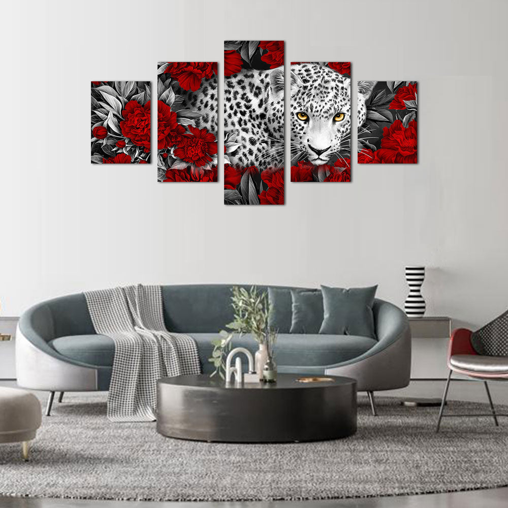 Fierce Leopard in Crimson Roses Canvas Wall Art