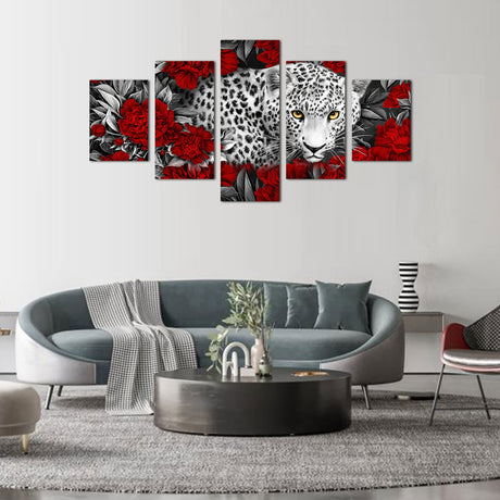 Fierce Leopard in Crimson Roses Canvas Wall Art