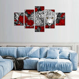 Fierce Leopard in Crimson Roses Canvas Wall Art