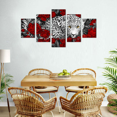 Fierce Leopard in Crimson Roses Canvas Wall Art