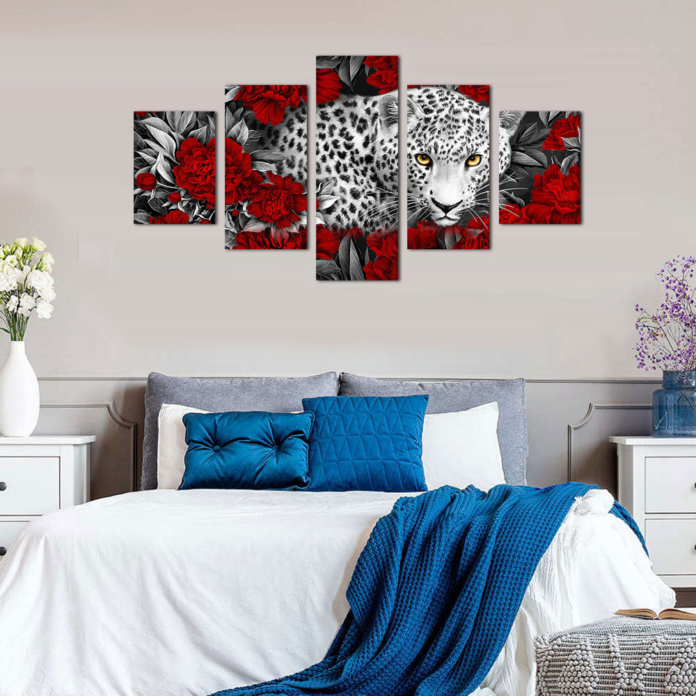 Fierce Leopard in Crimson Roses Canvas Wall Art