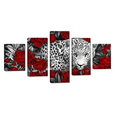 Fierce Leopard in Crimson Roses Canvas Wall Art