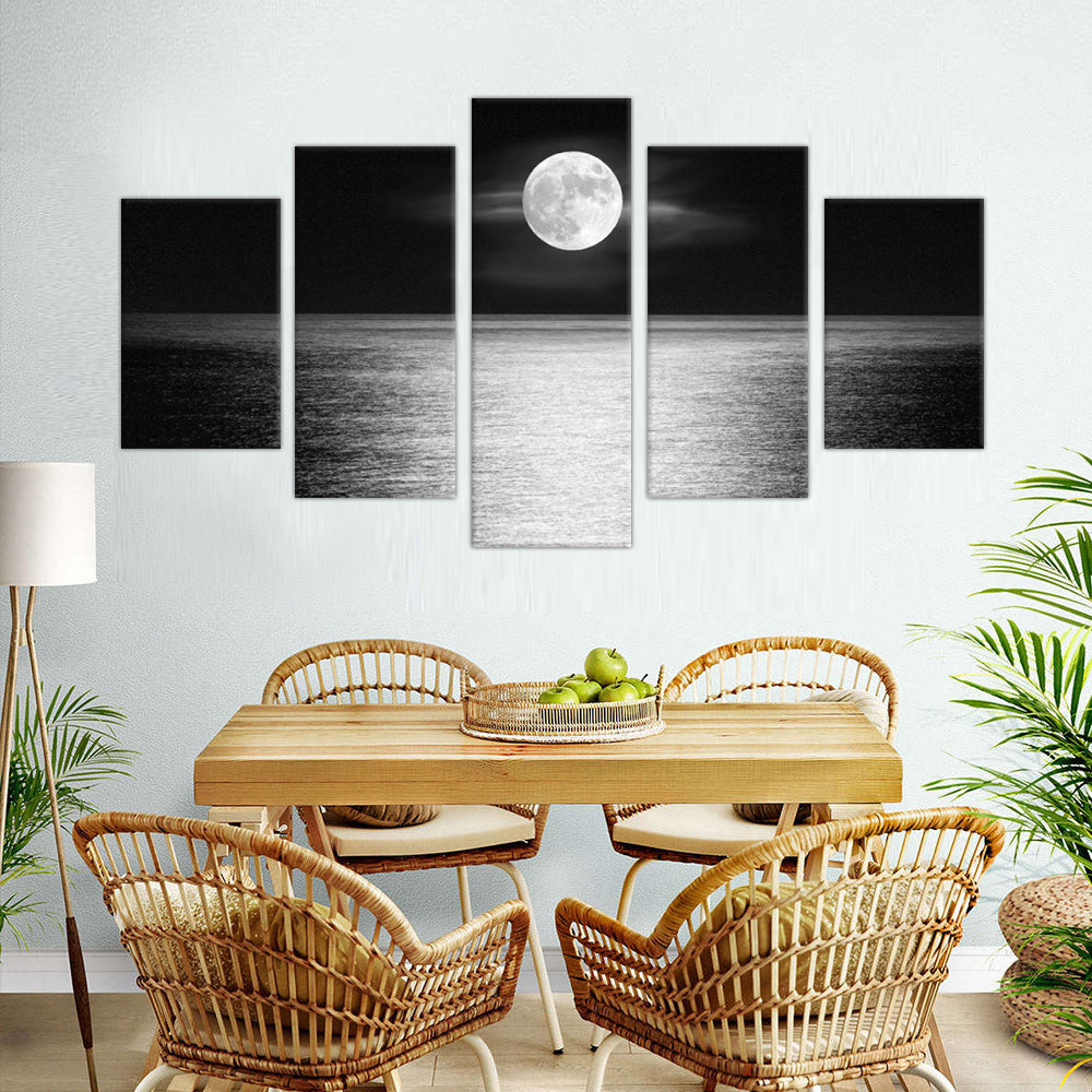 5-Piece Black and White Full Moon Over the Ocean Canvas Wall Art