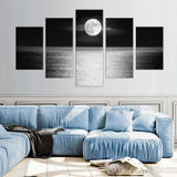 5-Piece Black and White Full Moon Over the Ocean Canvas Wall Art