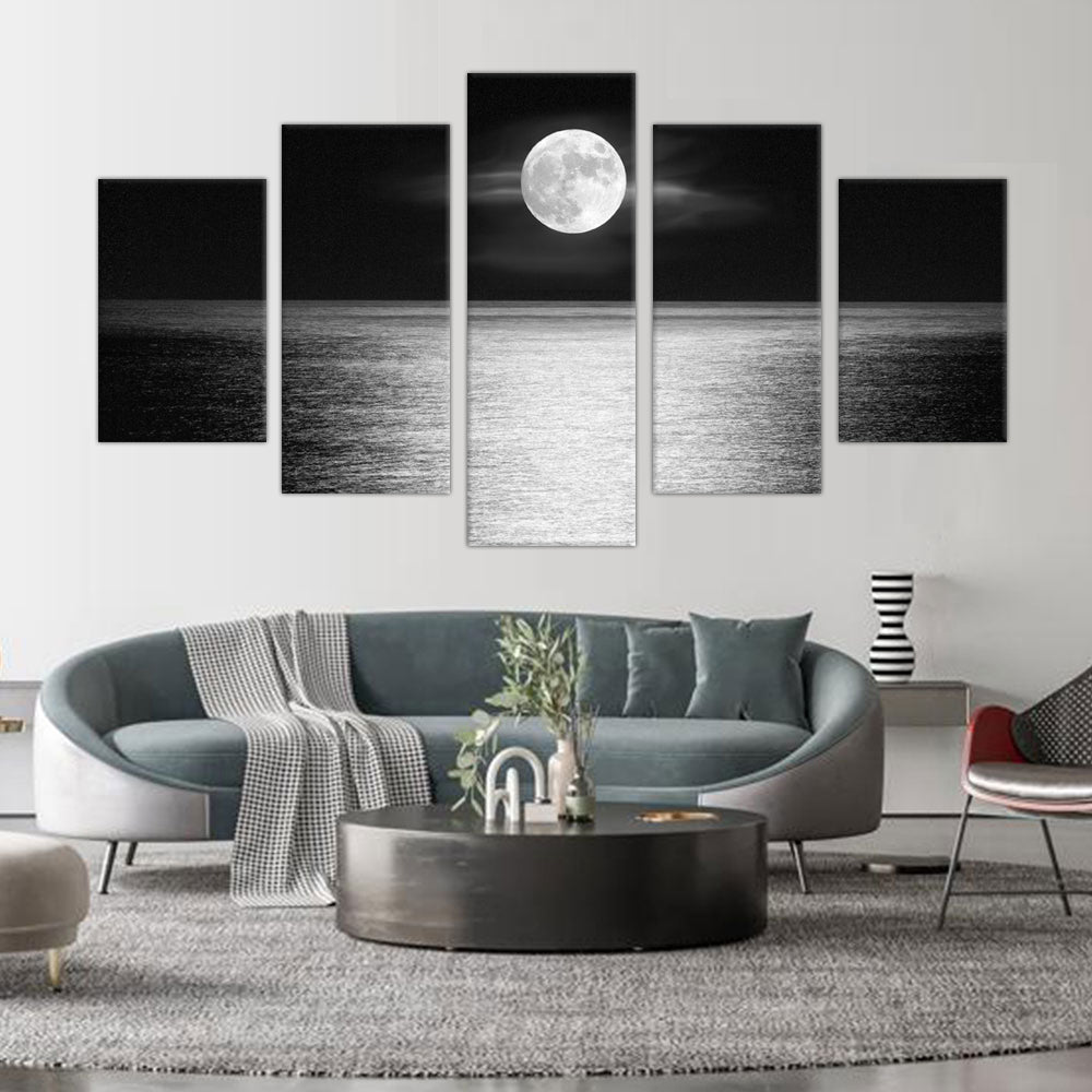 5-Piece Black and White Full Moon Over the Ocean Canvas Wall Art