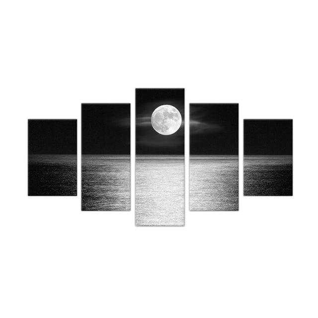 5-Piece Black and White Full Moon Over the Ocean Canvas Wall Art