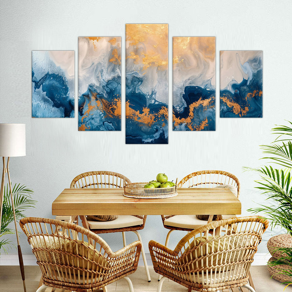 5-Piece Blue and Gold Marble Effect Canvas Wall Art