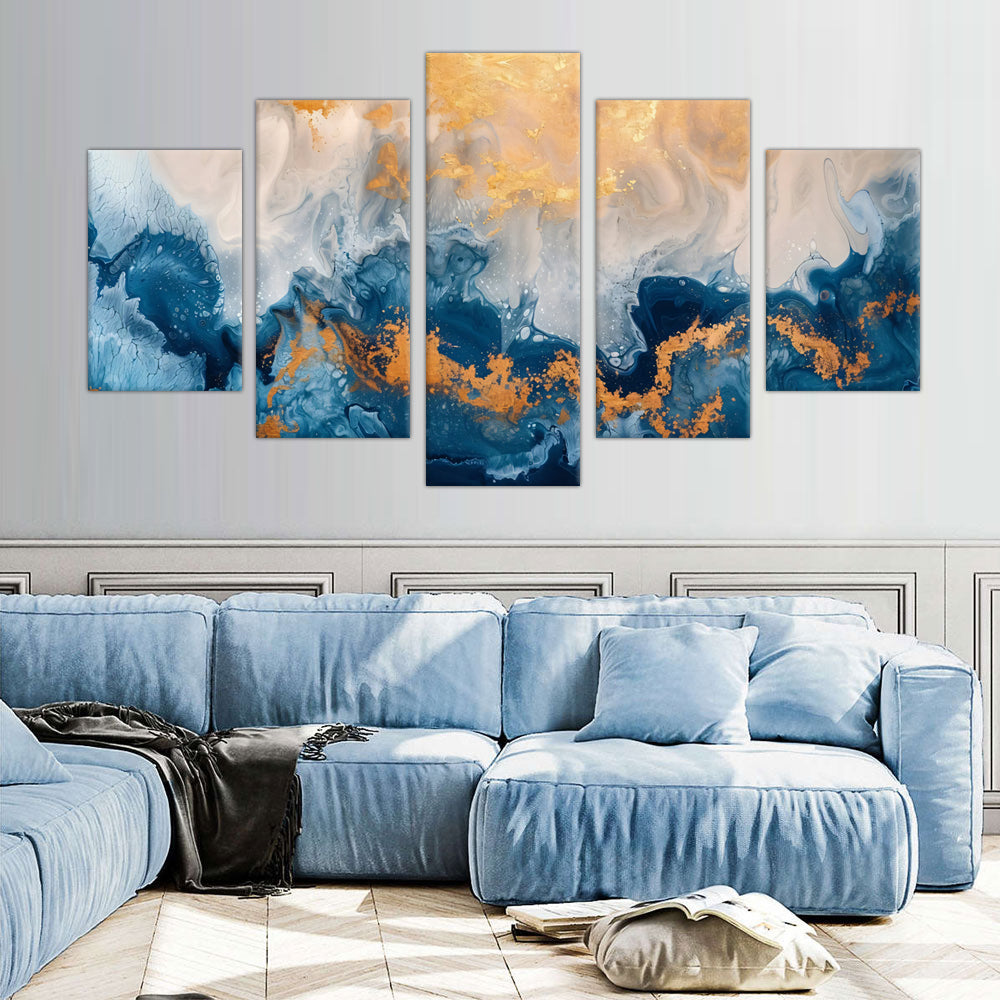 5-Piece Blue and Gold Marble Effect Canvas Wall Art