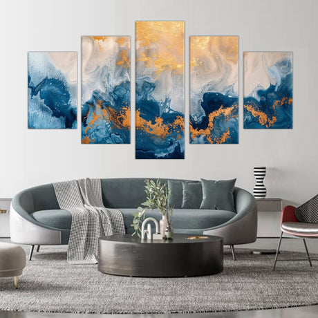 5-Piece Blue and Gold Marble Effect Canvas Wall Art