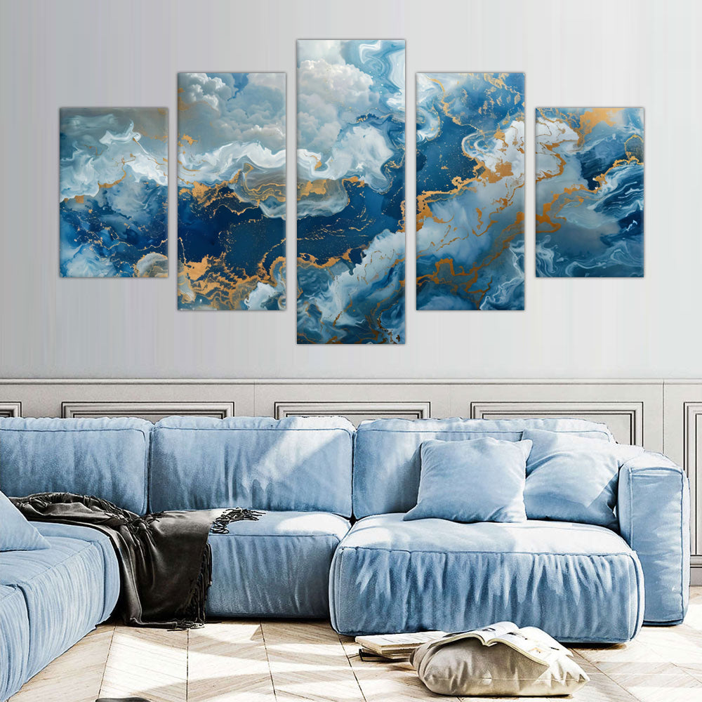 5-Piece Blue and Gold Abstract Canvas Wall Art