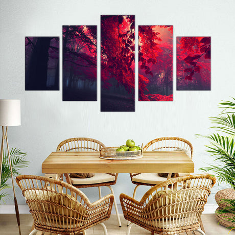 5-Piece Dark Forest with Red Leaves Canvas Wall Art