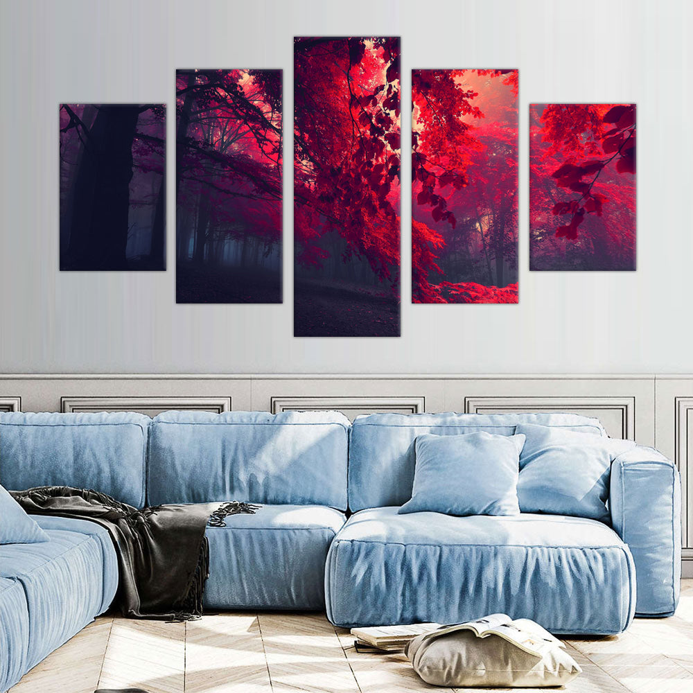 5-Piece Dark Forest with Red Leaves Canvas Wall Art