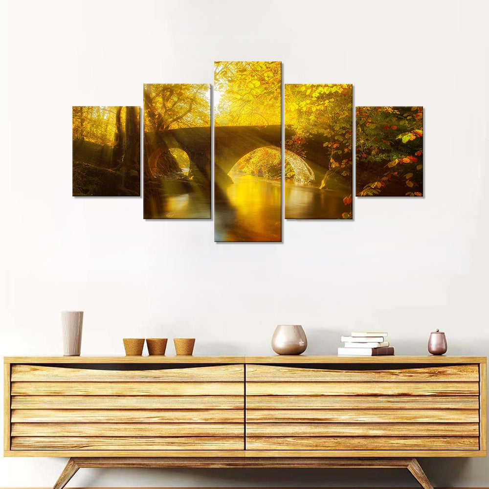 5-Piece Golden Forest Stone Bridge Canvas Wall Art