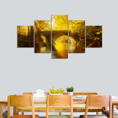 5-Piece Golden Forest Stone Bridge Canvas Wall Art