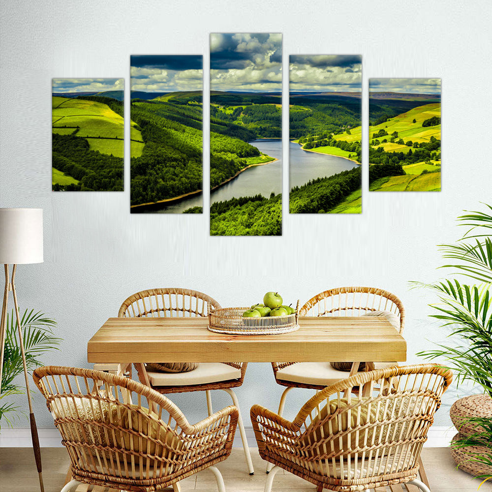 5-Piece Green Valley and River Canvas Wall Art