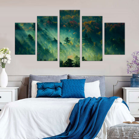 5-Piece Misty Forest Sunrise Canvas Wall Art