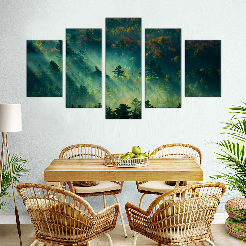 5-Piece Misty Forest Sunrise Canvas Wall Art