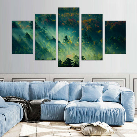 5-Piece Misty Forest Sunrise Canvas Wall Art