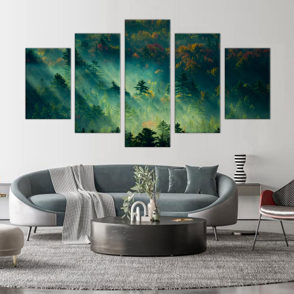 5-Piece Misty Forest Sunrise Canvas Wall Art