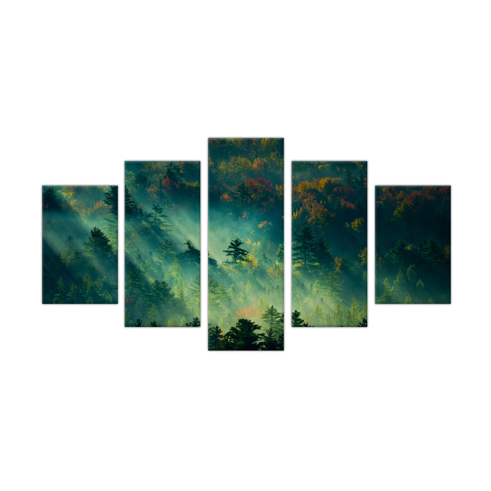 5-Piece Misty Forest Sunrise Canvas Wall Art