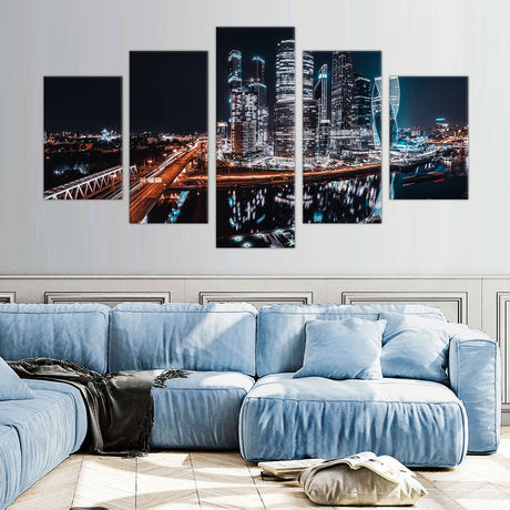 5-Piece Moscow City Skyline at Night Canvas Wall Art