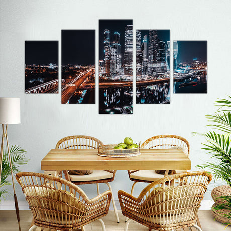 5-Piece Moscow City Skyline at Night Canvas Wall Art