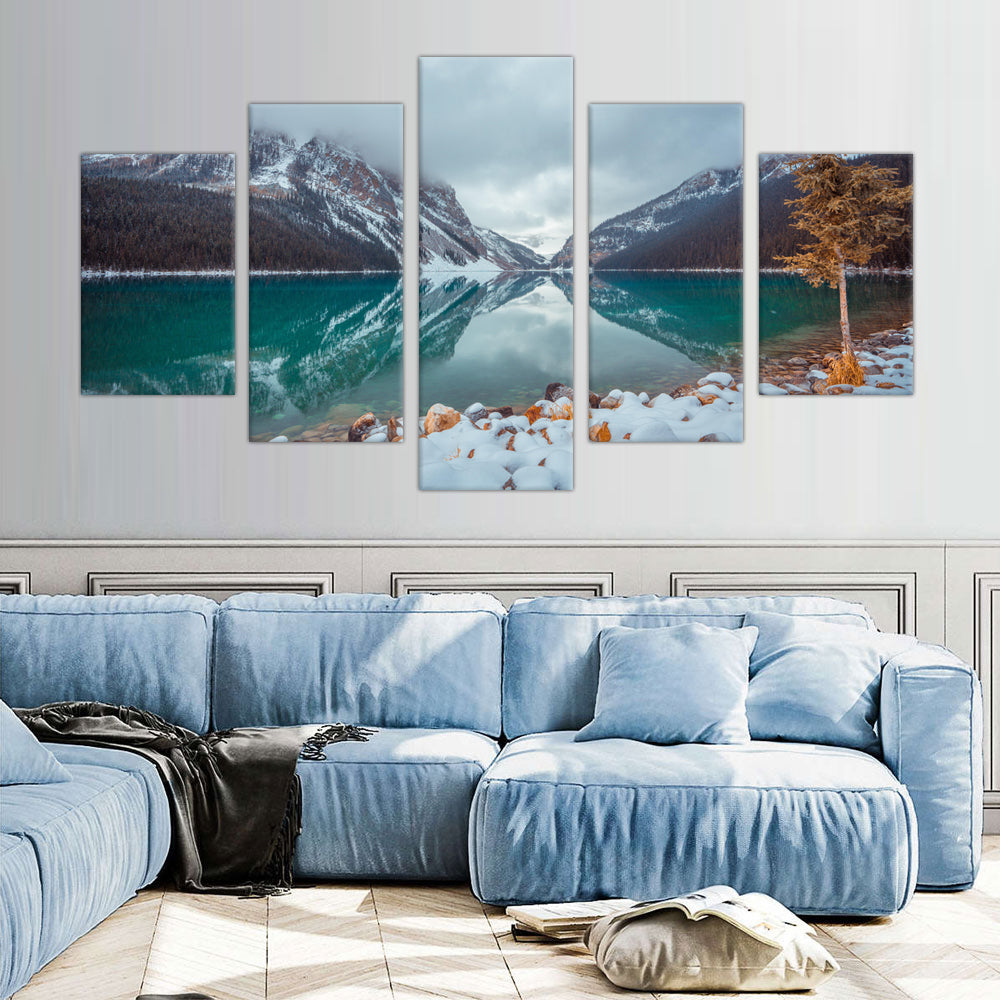 5-Piece Snow-Capped Mountain Lake Reflection Canvas Wall Art